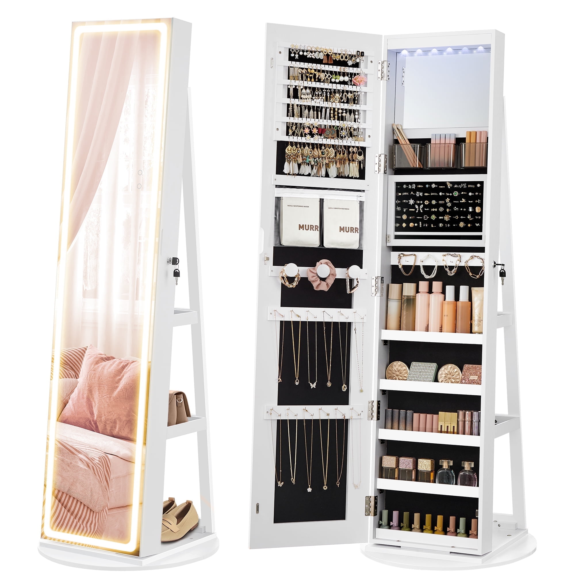 Jewelry Armoires with Full Length Mirror and LED Lights for Makeup Women, White