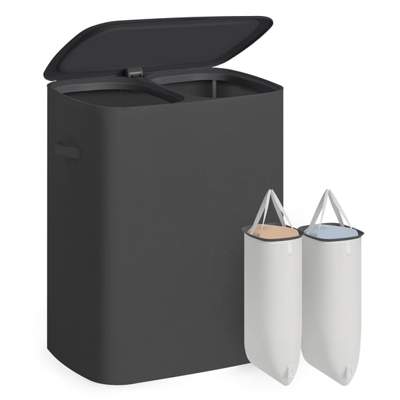 SONGMICS Laundry Basket with Lid, 42.2 Gallons, 2-Compartment Laundry Hamper with Handle, Removable Liner, Easy Assembly, 22 x 15.7 x 27.5 Inches, Slate Gray
