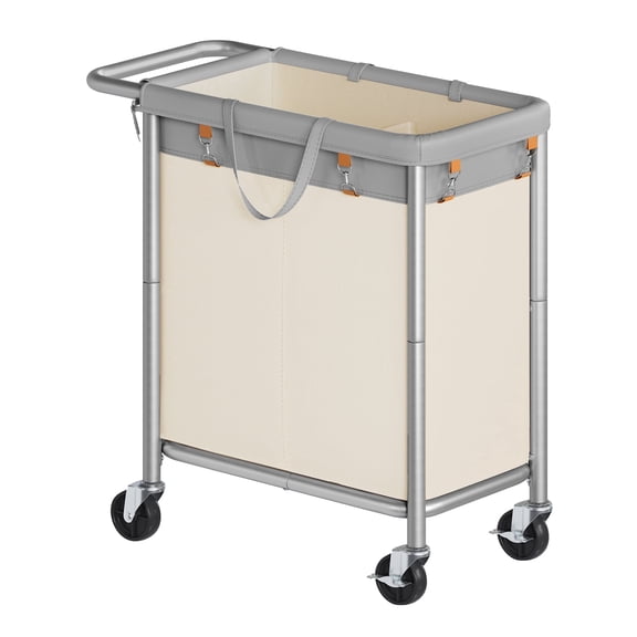 SONGMICS Laundry Basket with Wheels, 2-Section, 37 Gallons (140 L), Removable Liner, Steel Frame with Handle,Dove Gray and Cream White
