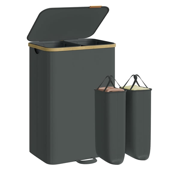 SONGMICS Laundry Hamper, Laundry Sorter with Lid, Storage Basket Bin, Removable Liners, Bamboo Frame, 2 Sections, 39.6 Gal. (150 L), Slate Gray
