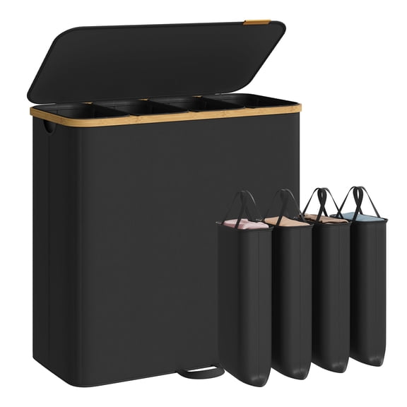 SONGMICS Laundry Hamper, Laundry Sorter with Lid, Storage Basket Bin, Removable Liners, Bamboo Frame, 4 Sections, 59.4 Gallon (225 L), Ink Black