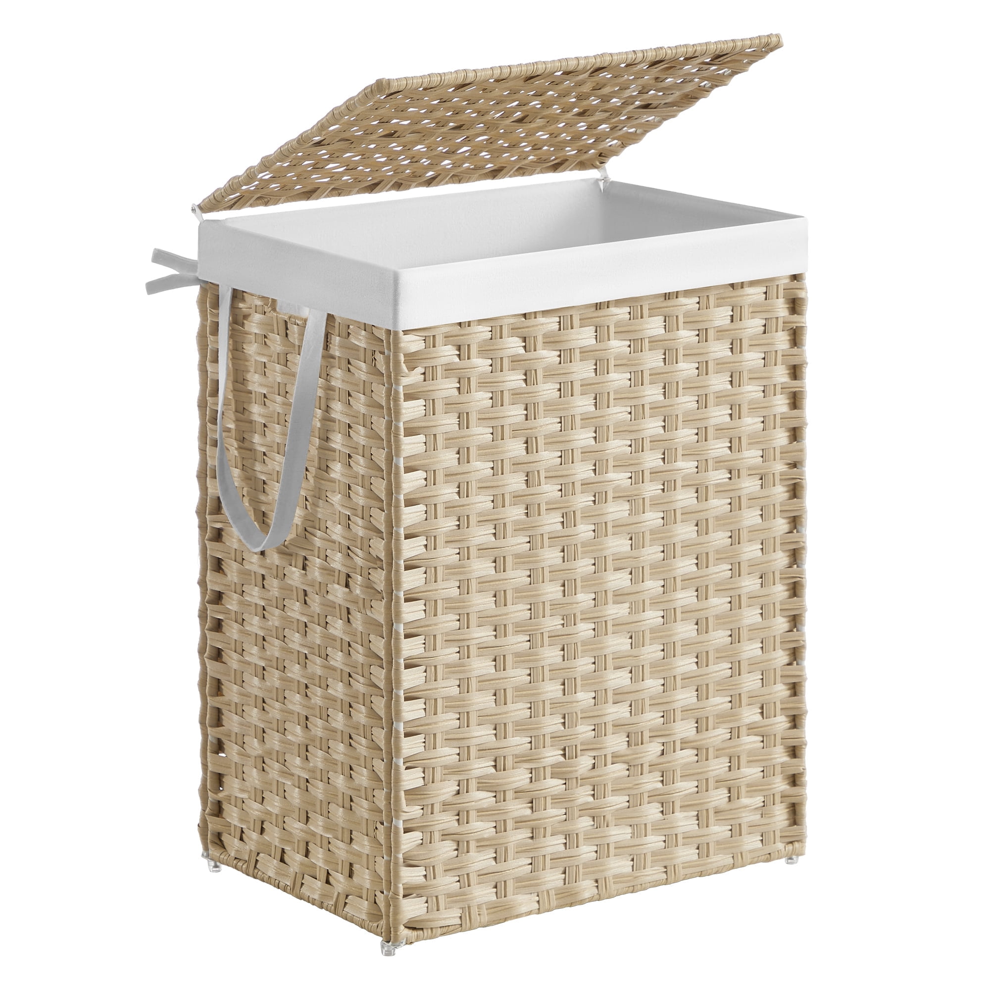 SONGMICS Laundry Hamper with Lid, 23.8 Gallon (90 L) Synthetic Rattan Clothes Laundry Basket with Lid and Handles, Foldable, Removable Liner, Summer Sand