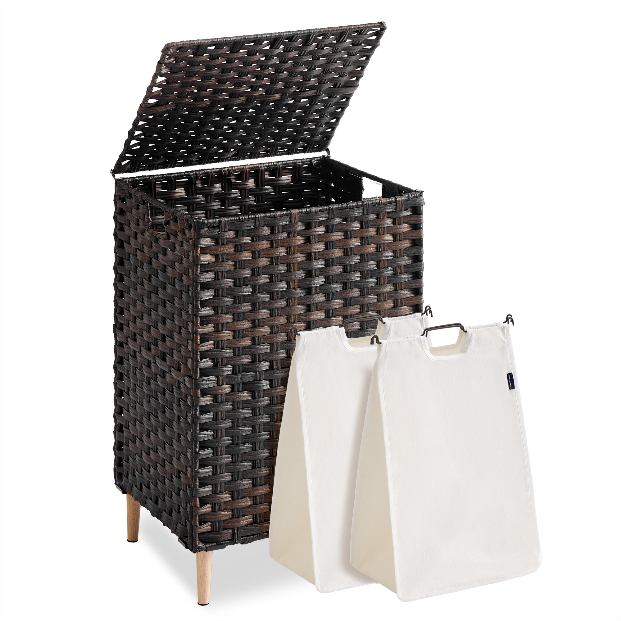 SONGMICS Laundry Hamper with Lid, PE Rattan Laundry Basket with Removable Liner, 2-Section Sorter, 29 Gallons (110 L), Chestnut Brown