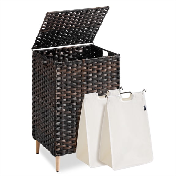 SONGMICS Laundry Hamper with Lid, PE Rattan Laundry Basket with Removable Liner, 2-Section Sorter, 29 Gallons (110 L), Chestnut Brown