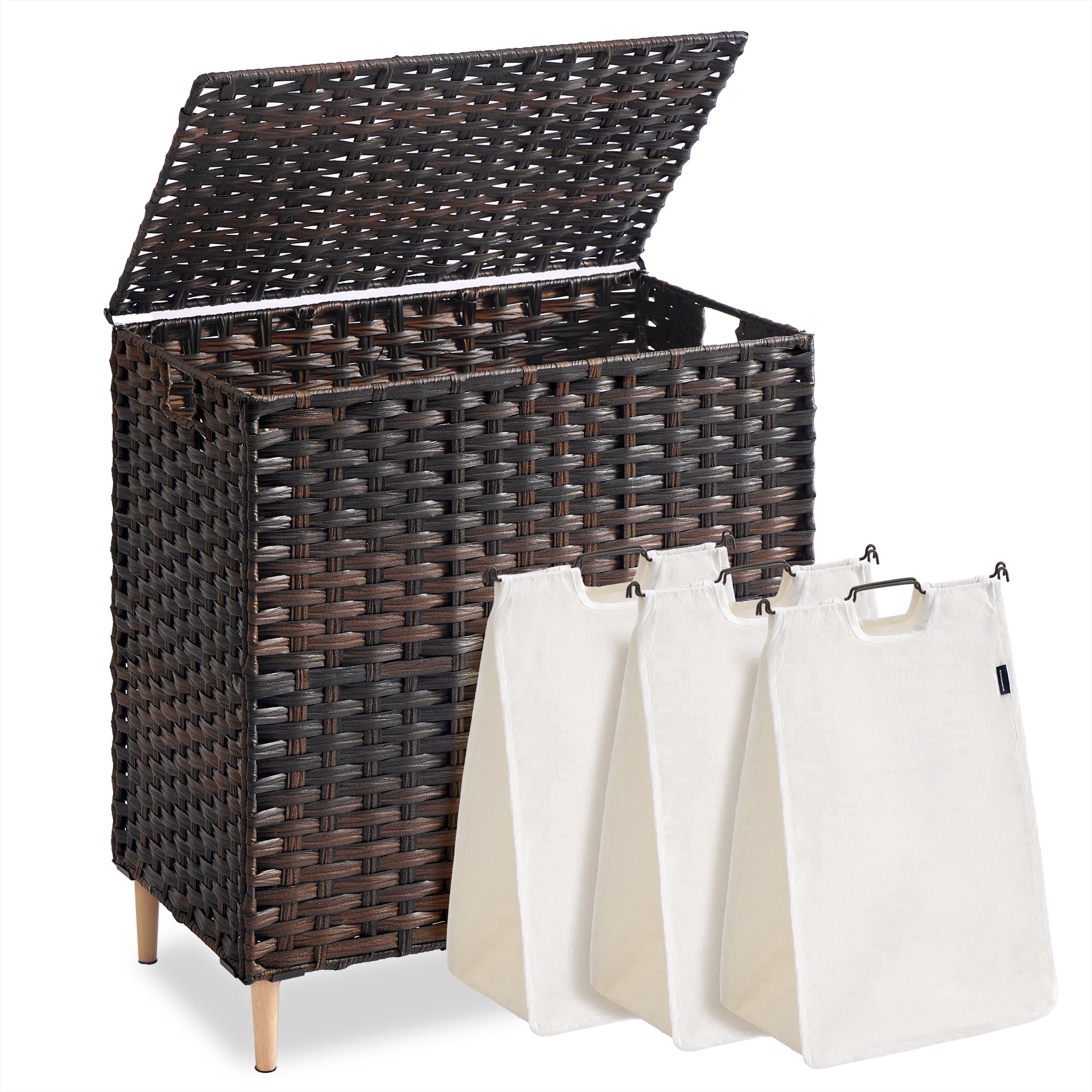 SONGMICS Laundry Hamper with Lid, PE Rattan Laundry Basket with Removable Liner, 3-Section Sorter, 42.2 Gallons (160 L), Chestnut Brown