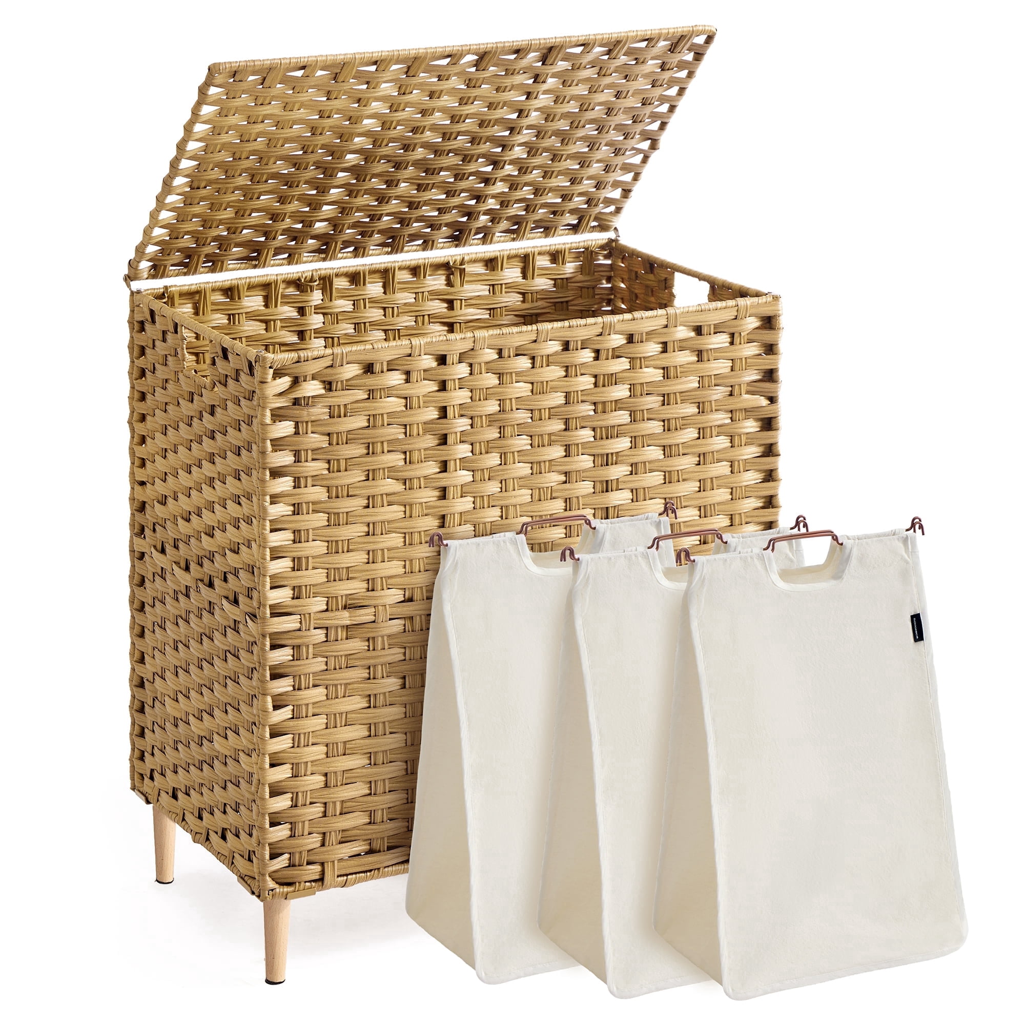 SONGMICS Laundry Hamper with Lid, PE Rattan Laundry Basket with Removable Liner, Storage Basket, 3-Section Sorter, 42.2 Gallons (160 L), Goose Yellow