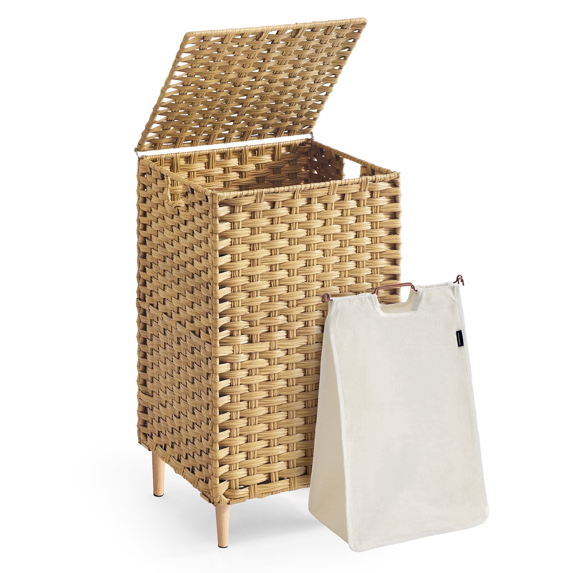 SONGMICS Laundry Hamper with Lid, PE Rattan,with Removable Liner, Storage Basket for Bedroom Living Room, 25 Gallons (95 L), Goose Yellow