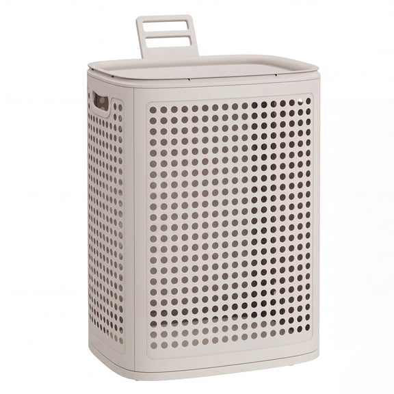 SONGMICS Laundry Hamper with Lid, Plastic Laundry Basket, 19.8 Gallons (75 L), Slim Storage Basket, for Bathroom, Bedroom, Cappuccino Beige