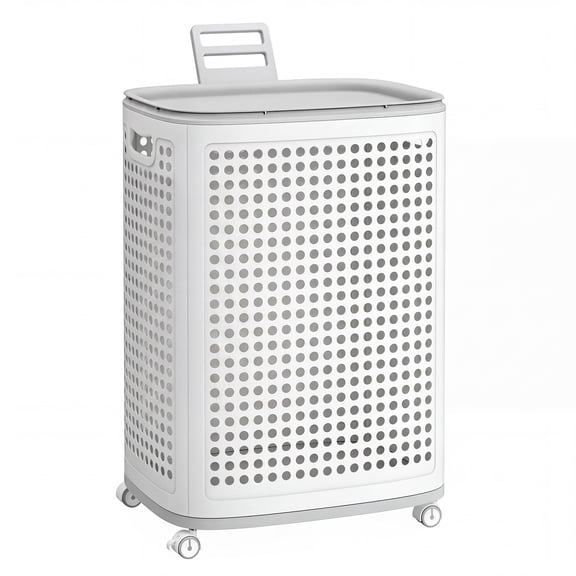 SONGMICS Laundry Hamper with Wheels, 75 L Laundry Basket with Lid Cutout Handles,PP Plastic, 16.7 x 13 x 24 inch, White and Gray