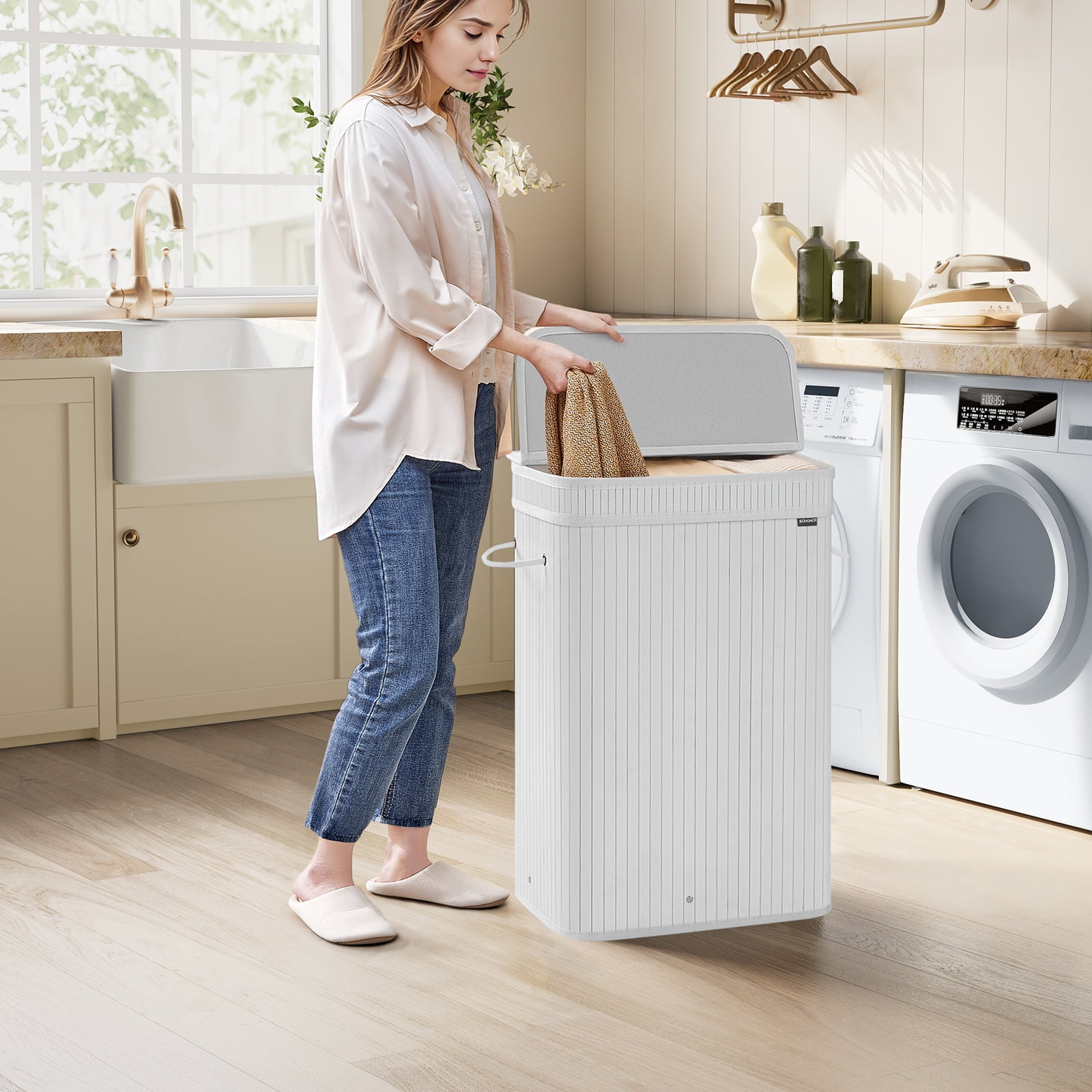 White Bamboo Laundry Hamper with Lid and Liner Bag