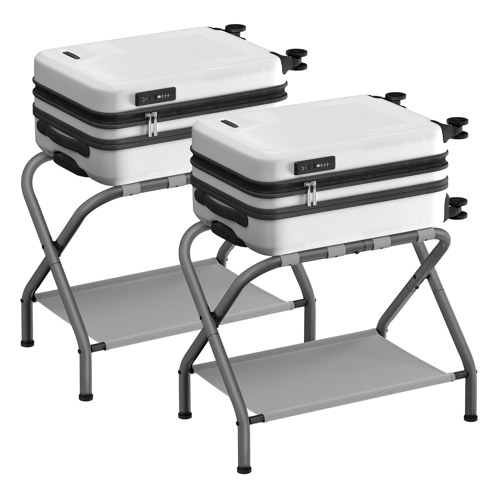 Slate Gray Steel Luggage Rack with Fabric Storage Shelf, Set of 2