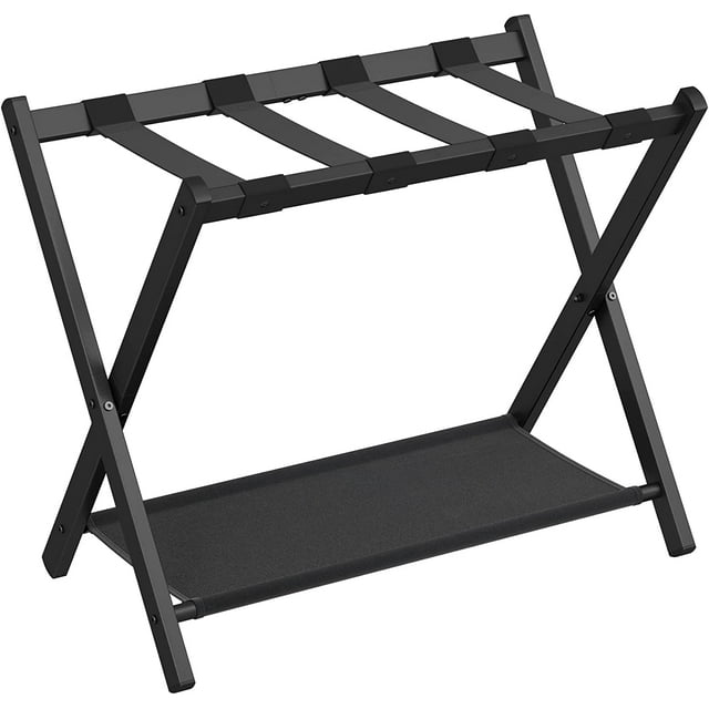 SONGMICS Folding Metal Luggage Rack, Suitcase Stand with Storage Shelf