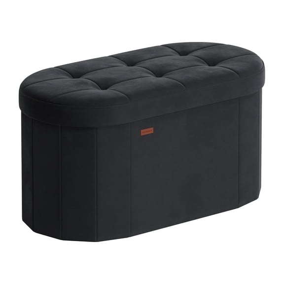 SONGMICS MAZIE Collection - Folding Ottoman with Storage, Oval Storage Ottoman Bench, End of Bed Bench, for Living Room, Bedroom, Velvet Fabric, 15 x 30 x 15 Inches, Ink Black