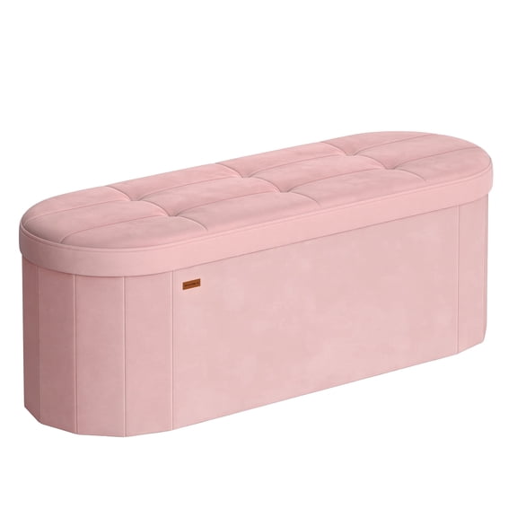 SONGMICS MAZIE Collection - Folding Ottoman with Storage, Oval Storage Ottoman Bench, End of Bed Bench, for Living Room, Bedroom, Velvet Fabric, 15 x 43 x 15 Inches, Jelly Pink