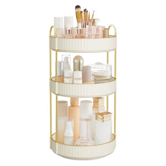 SONGMICS Makeup Organizer, 3-Tier Round Rotating Skincare Organizer Countertop, Customizable, Toiletries Vanity Organizer, Cloud White