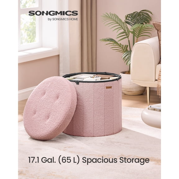 SONGMICS Mazie Collection - Round Storage Ottoman, Folding Footrest Stool with Removable Lid, Easy Assembly, Teddy Fleece Vanity Stool for Bedroom, Living Room, Entryway, Jelly Pink