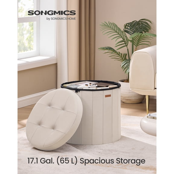 SONGMICS Mazie Collection - Round Storage Ottoman, Folding Footrest Stool with Removable Lid, Easy Assembly, Velvet Vanity Stool for Bedroom, Living Room, Entryway, Cappuccino Beige