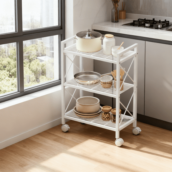SONGMICS Metal Storage Rack with Wheels, Mesh Shelving Unit with X Side Frames, for Entryway, Kitchen,3-Tier, 22.8-Inch Width, Cloud White