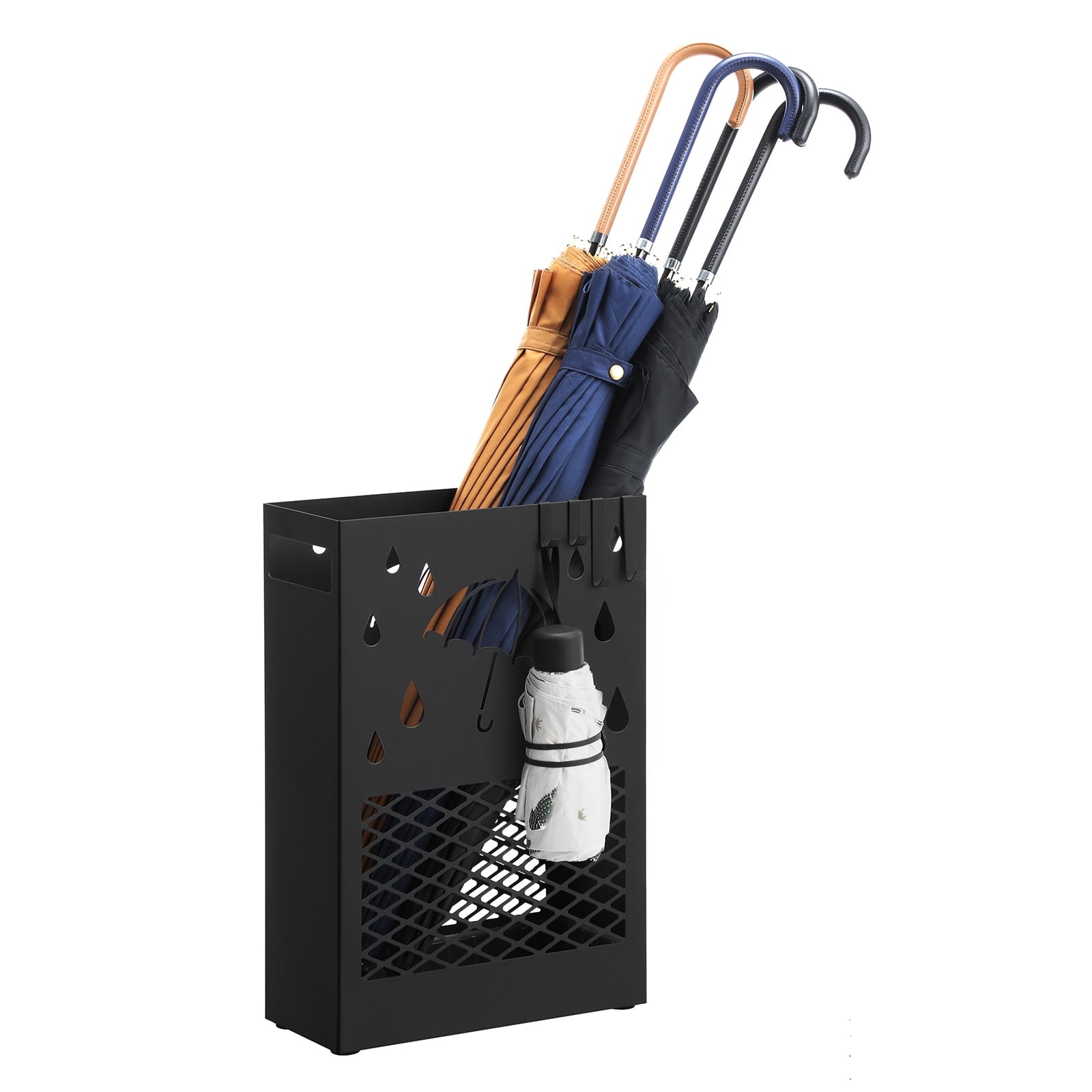 SONGMICS Metal Umbrella Stand, Rectangular Umbrella Holder Rack, with a Removable Drip Tray, 4 Hooks, Cutout Design, for Entryway, Office, Black