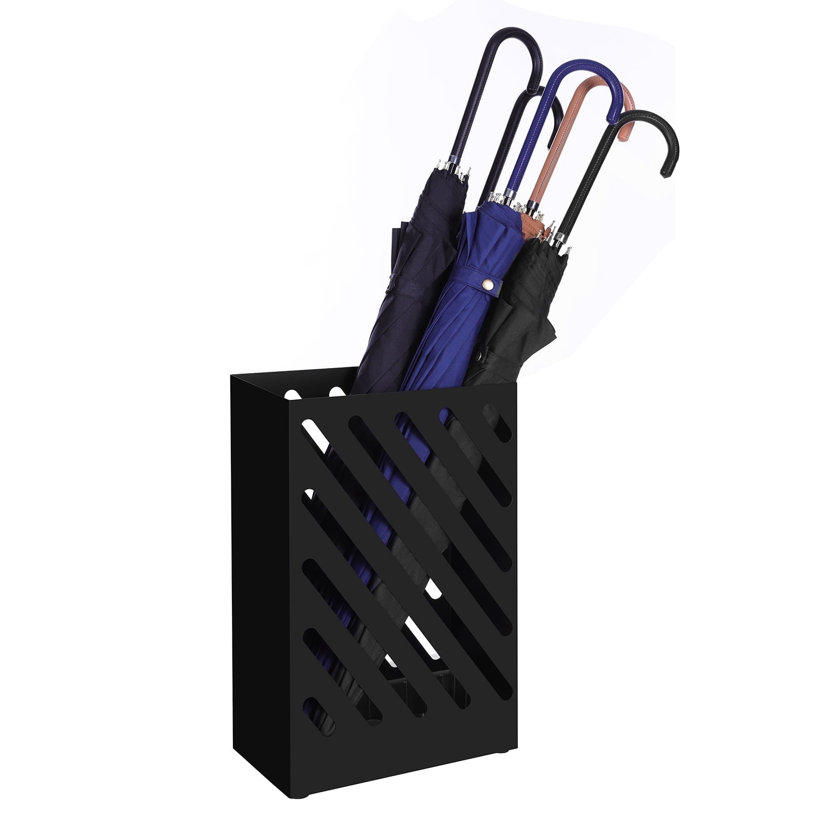SONGMICS Metal Umbrella Stand, Rectangular Umbrella Holder Rack, with a Removable Drip Tray, 4 Hooks, Hollow-Out Design, for Entryway, Office, Black