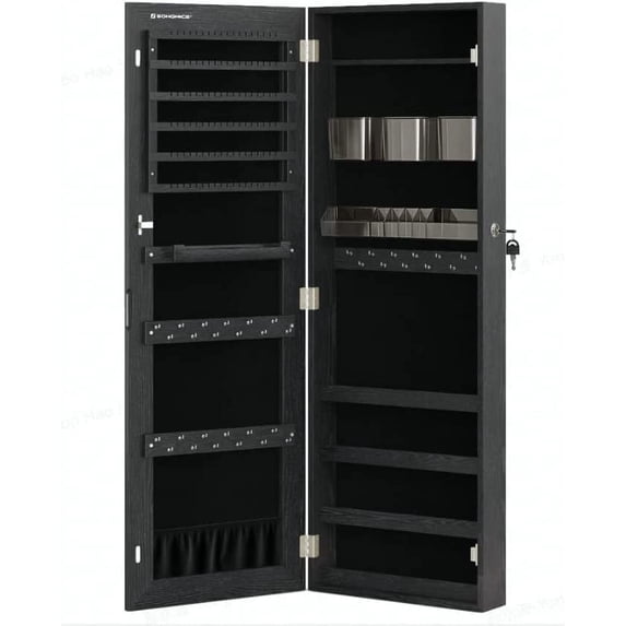 SONGMICS Mirror Jewelry Cabinet Armoire Wall or Door Mounted Jewelry Storage Organizer Hanging Lockable Frameless Mirror Cabinet with 2 Plastic Cosmetic Organizers Gift Idea Black