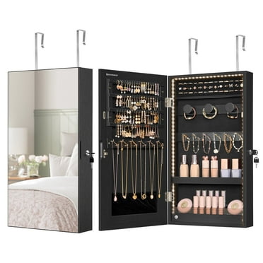 SONGMICS Mirror Jewelry Cabinet Armoire with Built-in LED Lights Wall or Door Mounted Jewelry Storage Organizer Hanging Mirror Cabinet Black