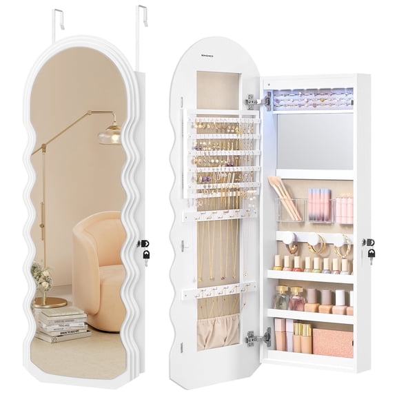 SONGMICS Mirror Jewelry Cabinet Wall Mounted Over the Door, Hanging LED Jewelry Organizer, Lockable Wavy Wide Mirror with Storage, Interior Lights, 3.9 x 16.5 x 42.5 Inches, White