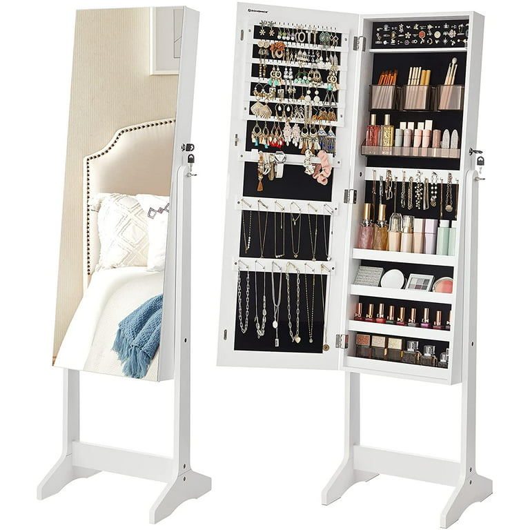 Dropship Standing Jewelry Armoire With Mirror, 5 Drawers & 14 Necklace Hooks,  Jewelry Cabinet Chest With Removable Ring Storage Slot And Top Storage  Organizer , 2 Side Swing Doors(White) to Sell Online