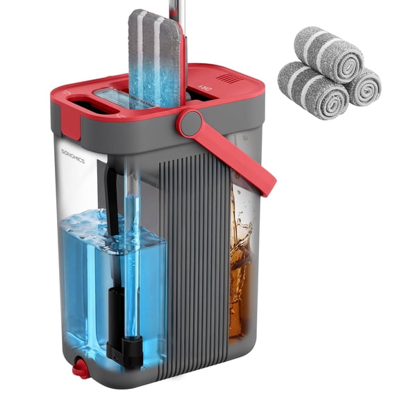 SONGMICS Mop and Bucket Set, Flat Mop with 3-Chamber Clean & Dirty Water Separation System, 360° Rotating Head, 3 Microfiber Pads, Gray and Red