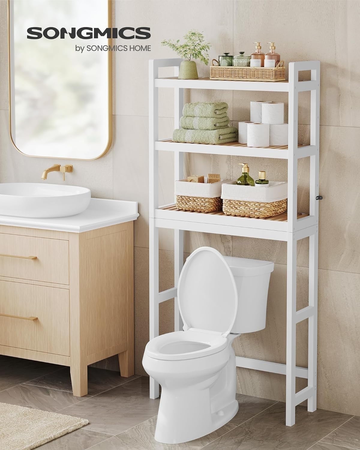 SONGMICS 3-Tier Bamboo Bathroom Over Toilet Storage - Space-Saving ...