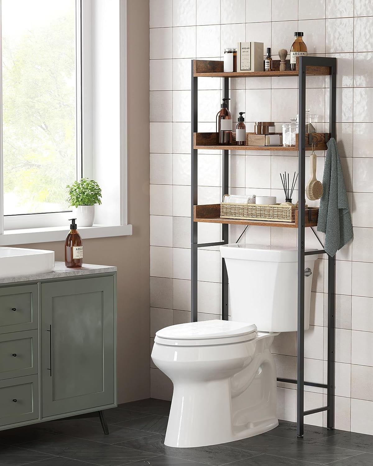 Rustic Brown and Black 3-Tier Over-the-Toilet Storage Rack