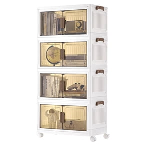 SONGMICS Plastic Storage Bins with 1 Lid, 4-Tier Stackable Organiser on Wheels, Foldable Storage Boxes, Magnetic Door, for Bedroom, Living Room, 9.9 Gal per Tier, 39.6 Gal Total, White