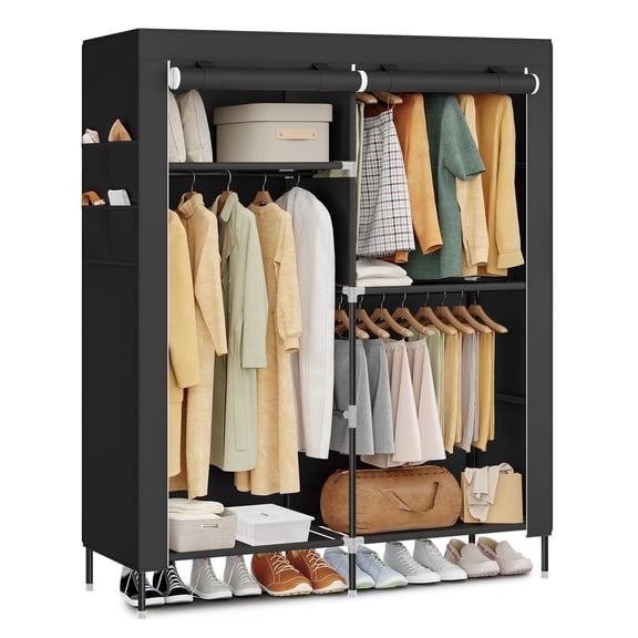SONGMICS Portable Closet, Fabric Wardrobe, Clothes Rack with Shelves, Pockets, Large Capacity, 3 Hanging Rods, 17.7 x 50 x 70.9 Inches, Black