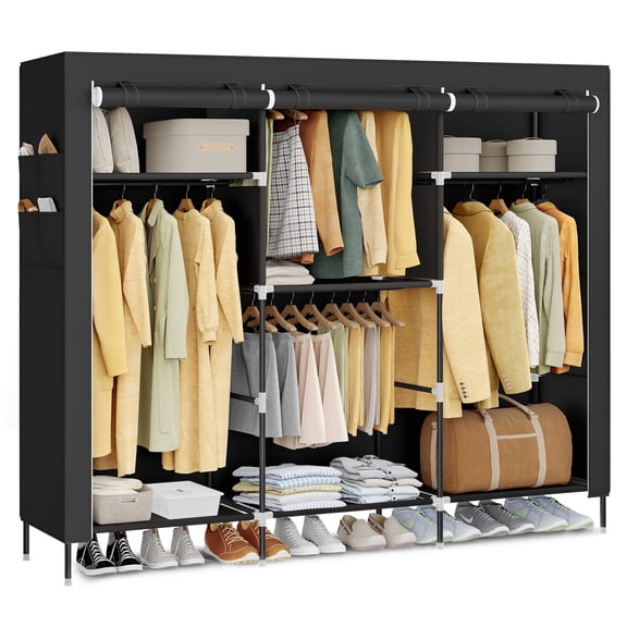 SONGMICS Portable Closet, Fabric Wardrobe, Clothes Rack with Shelves, Pockets, Large Capacity, 4 Hanging Rods, 17.7 x 74.4 x 70.9 Inches, Black