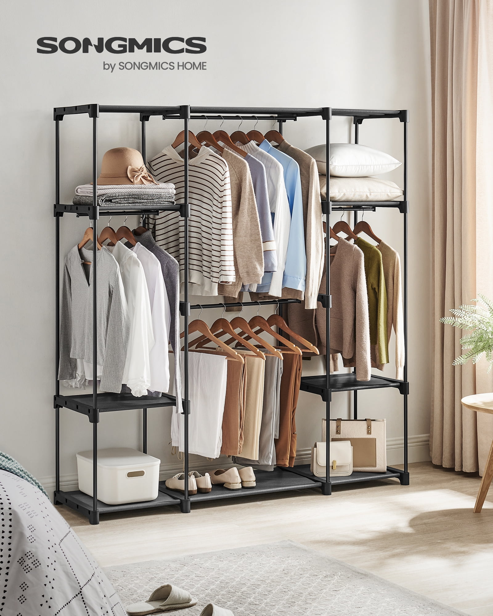 SONGMICS Portable Closet Freestanding Closet Organizer Clothes Rack with Shelves Hanging Rods