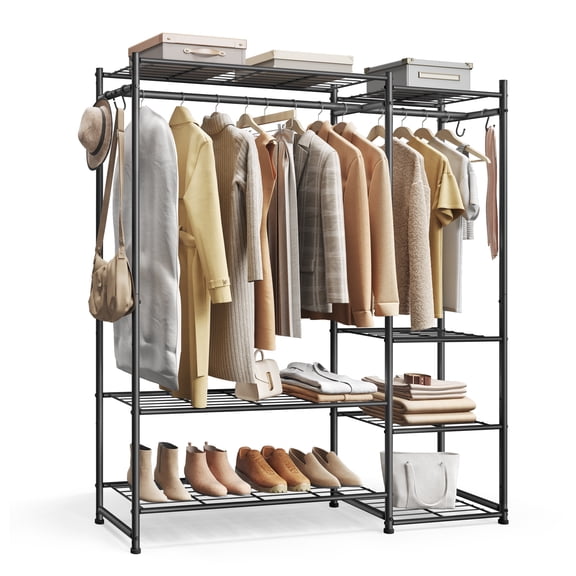 SONGMICS Portable Closet Wardrobe, Heavy-Duty Clothes Rack, Freestanding Clothing Rack with 7 Shelves, 2 Hanging Rods, 4 SHooks, Metal Frame, Black