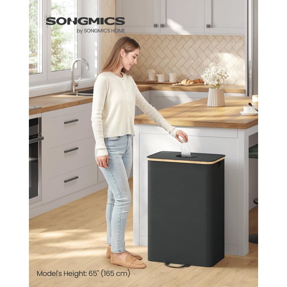 SONGMICS Recycling Bin for Kitchen 26.4 Gallon. Bottle Recycling Container, Inner Bag with Handles, Kitchen, Ink Black and Natural Beige