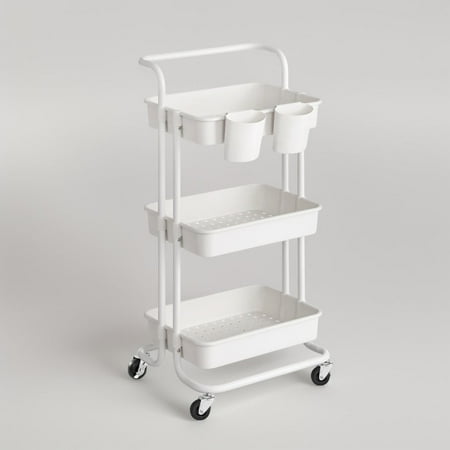 Rolling Cart, 3-Tier Storage Cart, Storage Trolley, Steel Frame, Plastic Baskets, White