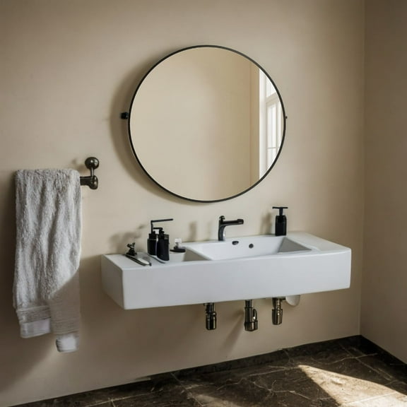 24-Inch Round Wall Mirror, Ink Black Metal Frame, Easy Installation, Hallway.