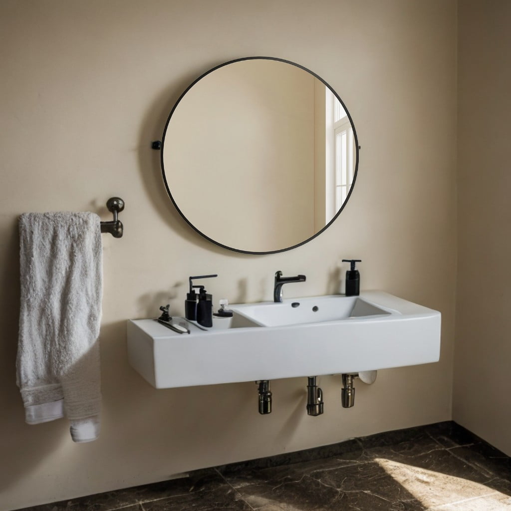 Classic Black Aluminum Round Wall Mirror, 24 Inches