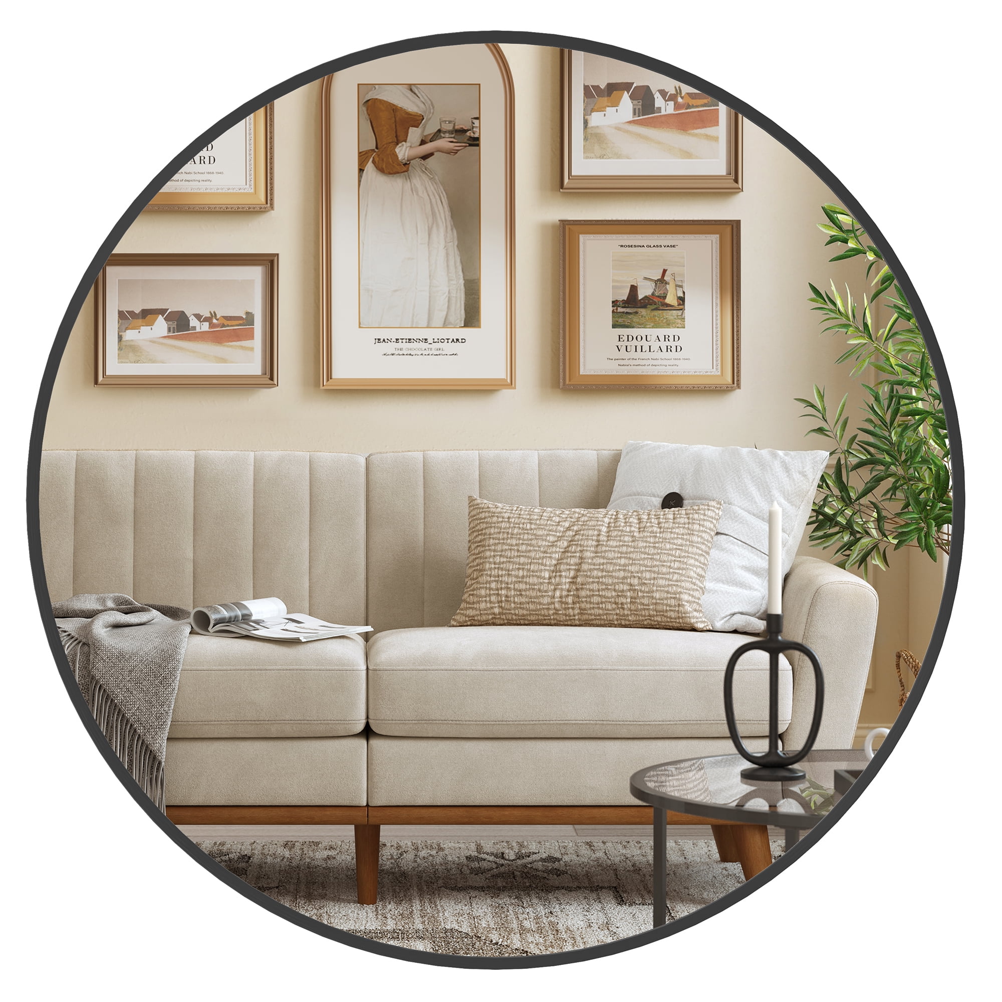 Classic Black Aluminum Round Wall Mirror, 24 Inches