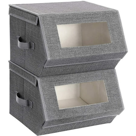 SONGMICS Set of 2 Stackable Storage Bins Fabric Storage Boxes Closet Organizers with Lids and Front Windows Dark Gray