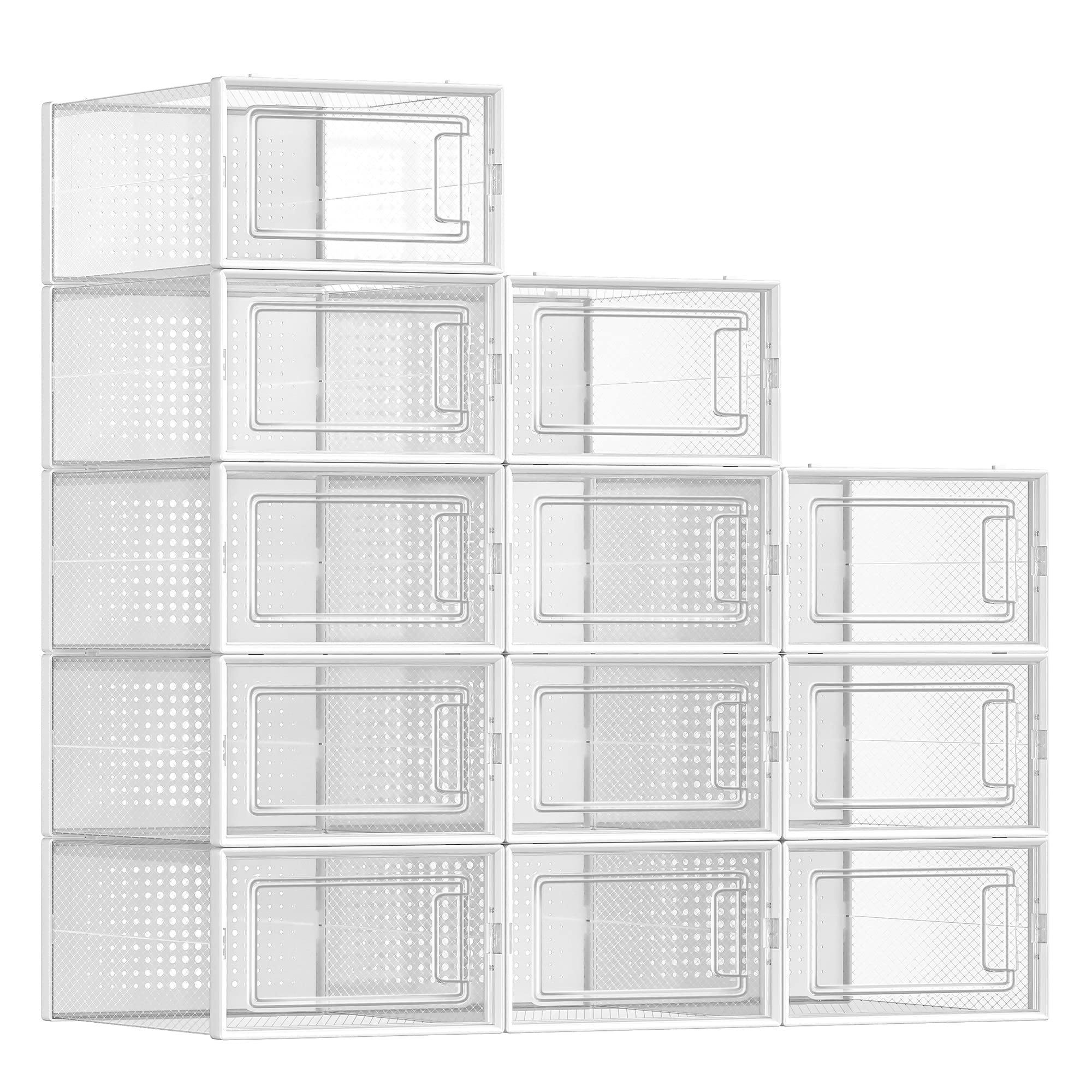 Transparent and White Stackable Plastic Shoe Storage Boxes, 12 Count