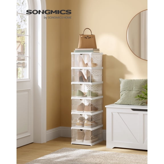 SONGMICS Foldable Shoe Rack, Pack of 6 Stackable Shoe Storage Organizer, Integrated Shoe Cabinet, Portable, Fit up to US size 13, 60s Assembly, Transparent and Cloud White