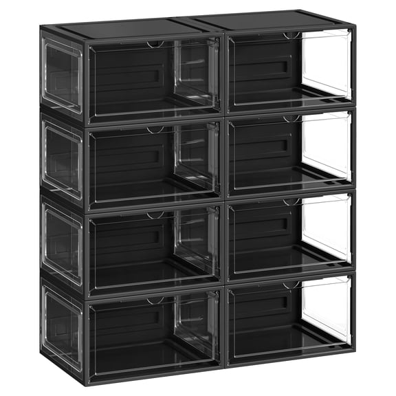 SONGMICS Shoe Boxes Set of 8, Stackable Shoe Organisers with Doors, 33 x 28.5 x 19.2 cm, Fits Shoes up to UK Size 11, Transparent Black