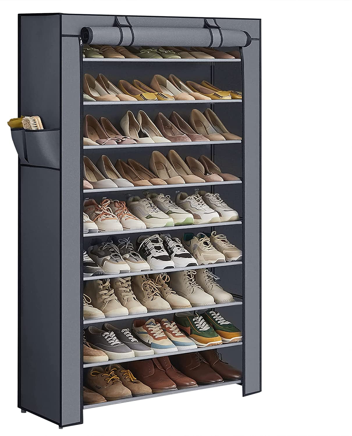 Gray 9-Tier Fabric and Metal Shoe Rack with Cover