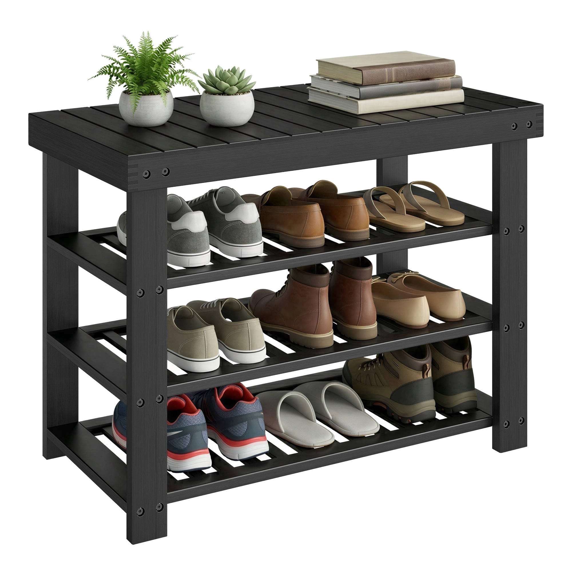 SONGMICS Shoe Rack Bench, 3 Tier Bamboo Shoe Storage Organizer, Entryway Bench, for Living Room, Bathroom, Bedroom, 11.3 x 27.6 x 20.5 Inches, Ink Black