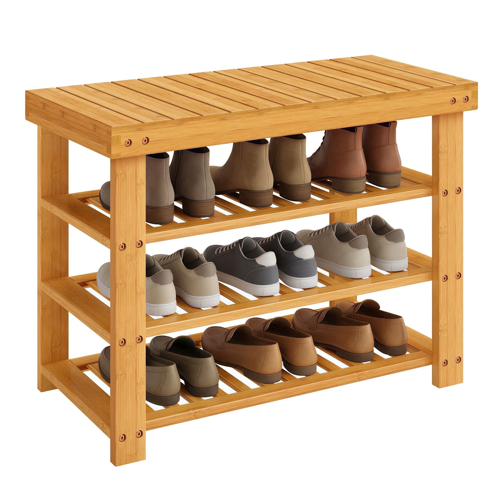 SONGMICS Shoe Rack Bench, 3 Tier Bamboo Shoe Storage Organizer, Entryway Bench, for Living Room, Bathroom, Bedroom, 11.3 x 27.6 x 20.5 Inches, Light Bamboo