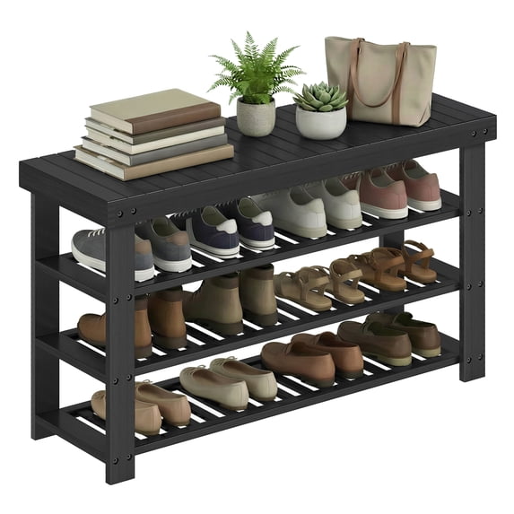 SONGMICS Shoe Rack Bench, 3 Tier Bamboo Shoe Storage Organizer, Entryway Bench, for Living Room, Bathroom, Bedroom, 11.3 x 35.2 x 20.5 Inches, Ink Black
