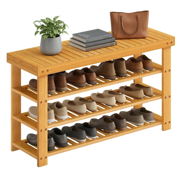 SONGMICS Shoe Rack Bench, 3 Tier Bamboo Shoe Storage Organizer, Entryway Bench, for Living Room, Bathroom, Bedroom, 11.3 x 35.2 x 20.5 Inches, Light Bamboo